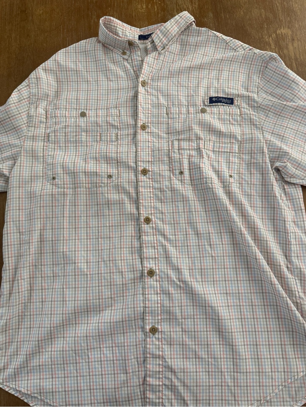 Columbia Men’s White Button-Down Shirt with Red & Blue Plaid